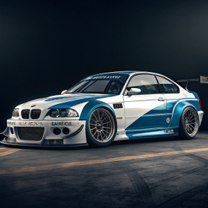 Illustration of a modified BMW E46 M3 GT3. Sleek design. Blue and white paintjob. Focus on details and modifications. Dark background.