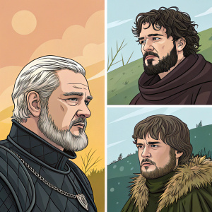 Three Game of Thrones characters: Hodor, Petyr Baelish, and Brienne of Tarth illustrated in comic book style. Flat design with solid colors. Different background for each one.
