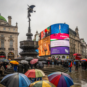 Eros statue at Piccadilly Circus, London. Diverse crowd under colorful billboards, rainy day.