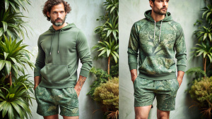 make a campaign picture for a a retail athleisure and sportswear brand that trying to make a sustainable menswear athleisure collection with the inspiration of the collection will be intricate details of plants and trees  in its all-over prints with relaxed fit hoodies and relaxed fit shorts with sporty and organic in wild green color make this bit more sporty and suble and dont use flowers or leaves exactly keep them vauge