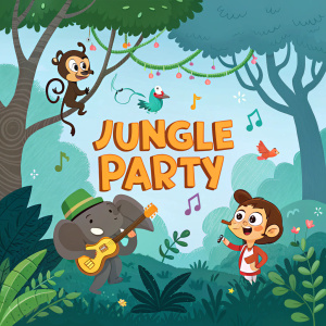 Game cover illustration for Jungle Party on PSP. Various cartoon jungle animals in a vibrant, playful scene with a mix of green, blue, and brown hues.