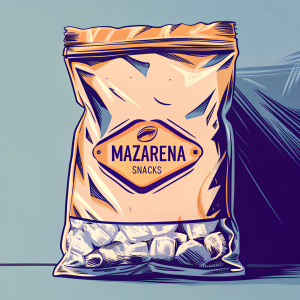 New packaging design for Mazarena snacks. Minimalist brown bag with vibrant logo and text in multiple languages. Product prominently displayed on front.