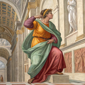 Highly detailed color illustration of the Libyan Sibyl from Michelangelo's Sistine Chapel. The figure is shown in dynamic pose, set against an intricate architectural background.