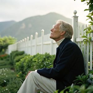 Richard Chamberlain in 'The Thorn Birds' miniseries. Elegant elderly actor, deep gaze. Sitting in lush garden with white fence and greenery. Soft natural lighting, mountains blurred in background