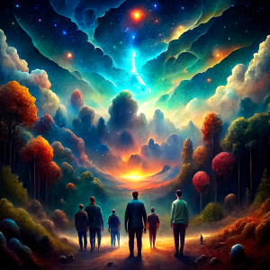 a group of 20 people are staring far into the universe.  You can see sparking stars from far away and the people give a feeling of community and unity in this new era. the background is full of nature and vegetation only at the front, at the back its full of stars and small planets like in the inmense universe.At the end of the sky you can see a very shiny light. 