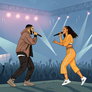 Drake and Rihanna perform at the Coachella festival. Bright lights, crowd visible in background