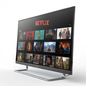 Modern, sleek user interface of the Netflix homepage. The screen displays a grid of thumbnail images showcasing a diverse array of films and TV series. Netflix logo prominently at the top, vibrant and engaging content layout.