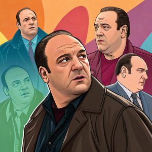 A vibrant digital collage featuring Tony Soprano from The Sopranos. Stylized cartoon poses, varying sizes, vibrant colors.
