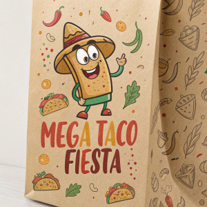 Cartoon burrito character promoting 'Mega Taco Fiesta' on a brown paper bag