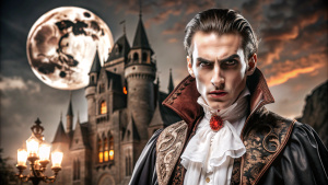 Portrait of a vampire in a human form, against the background of a dark castle illuminated by a full moon in the night