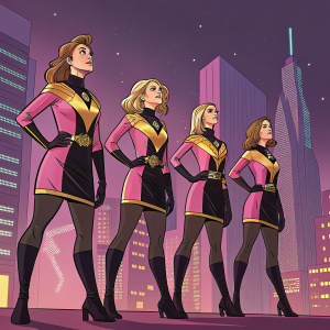 Stepford Cuckoos from the X-Men universe. Four identical sisters with pink, gold, and black outfits. Stylized cityscape background.