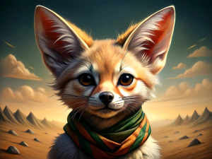 a sitting fennec fox wearing a Western Sahara flag bandana on the sahara