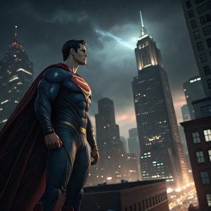 Digital art of Superman. Intense look, standing on a Gotham cityscape. Nighttime backdrop, illuminated by city lights