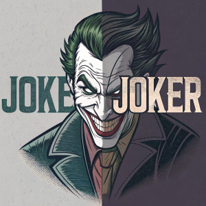 Logo of Batman's arch-nemesis, the Joker, divided into two halves. Each half labeled 'Joker' in bold font. Detailed, menacing grin