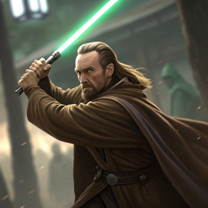 Qui-Gon Jinn, wielding a green lightsaber, in intense combat stance. Brown robe, beard, blurred background. Star Wars scene.