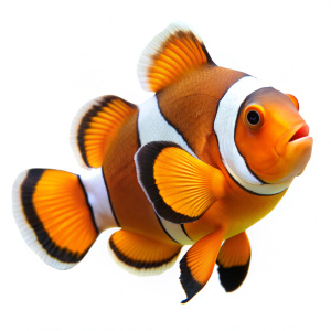 
Clownfish, full body, no shadow, completely white, white background,
