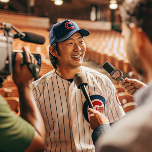 Seiya Suzuki, beaming with a friendly smile, dressed in a Chicago Cubs uniform, addressing the media in a bustling press conference area.