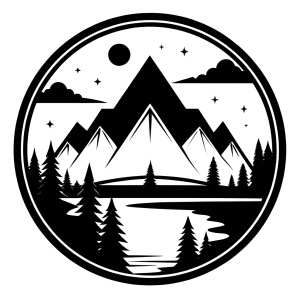 summer camp silhoutte logo, clean simple lines, black and white