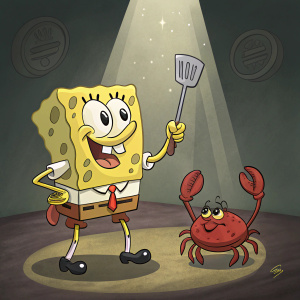 SpongeBob SquarePants, with his iconic yellow body and bushy eyebrows, holding a spatula. Standing next to a red crab with a money bag. They are in a dark room with spotlight on them.