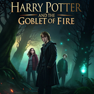 DVD Cover Art: Harry Potter and the Goblet of Fire. Features Harry Potter, Hermione Granger, and Ron Weasley standing in a dark, mystical forest. Rich greens, deep shadows, and magical lights cast an eerie glow. Dramatic, enchanted atmosphere.