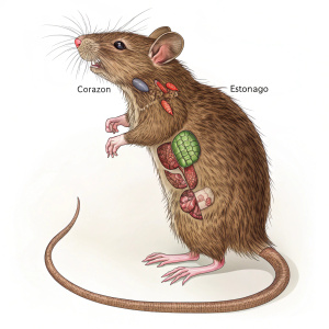 Detailed illustration of a brown rat. Spanish labels highlighting various body parts and internal organs.