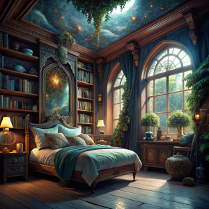 Magical spacious bedroom in old house with lot of books, plants and ...