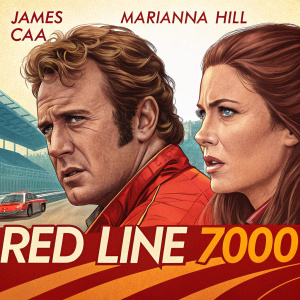 James Caan and Marianna Hill in a vibrant colorized movie poster scene from 'Red Line 7000'.