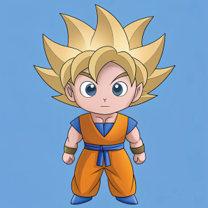 create a drawing of goku super saiyan, full figure, full body, cute, japanese style