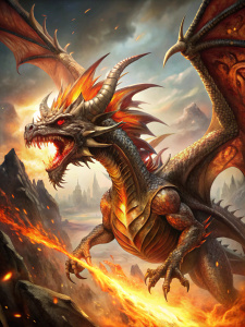 dragón de fuego FURIOSO, con alas, atacando con aliento de fuego por la boca,  FONDO FANTASTICO