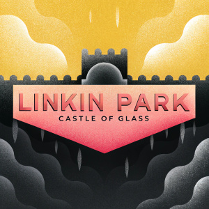 Concept art for Linkin Park's 'Castle of Glass'. Abstract background with a dark, moody atmosphere. Prominent logo in stylized font.
