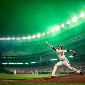 Kevin Gausman, baseball player, in a green stadium. He is throwing a pitch. Crowd cheering. Bright stadium lights.