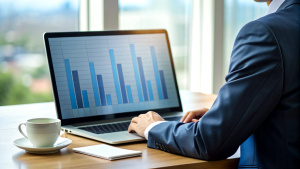 Cropped photo of businessman analyzing business diagram, marketing statistics and finance market graphs on laptop monitor in the office