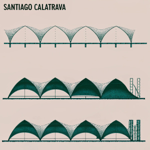 Infographic illustrating Santiago Calatrava's architectural design journey. From initial sketches to final forms. Includes step-by-step description of design process.
