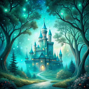 magical fairytale background in turquoise color with a castle and unusual trees
