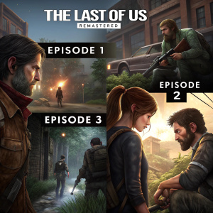 Screenshots from 'The Last of Us Remastered'. Various game moments and character interactions, labeled with 'Episode 1', 'Episode 2', 'Episode 3'.