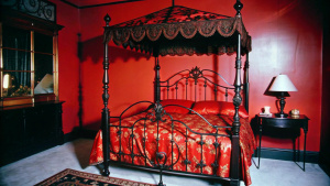  bedroom with a wrought-iron canopy bed, red silk sheets, and antique table lamps. Use warm lighting and strong shadows