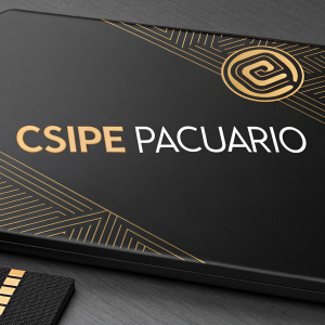 High-tech brand presentation for 'CSIPE PACUARIO'. Minimalist design, black and gold color palette. Modern sans-serif font, abstract logo. Macro view of glossy material texture.
