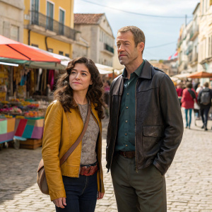 Erica Cerra as Jo Lupo and Colin Ferguson as Jack Carter. Stood in a vibrant, bustling market square. Wearing casual attire, against a sunny backdrop.