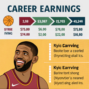 Infographic showcasing Kyrie Irving's career earnings. Pictorial representation of his salary with different teams. Fun caricature of Kyrie Irving included.