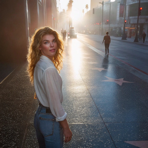 AnnaLynne McCord, Caucasian actress, with wavy blonde hair, standing alone on a Hollywood street. She wears a white blouse and denim jeans. The bright sun illuminates her face, creating soft shadows.