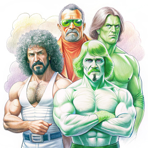hulk hogan, macho man randy savage, ultimate warrior and andre the giant as a rock band - white guys