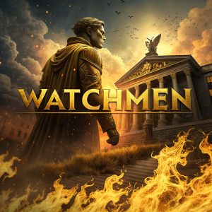 Poster collage for Watchmen film. Golden hues, dramatic flaming backgrounds. Title and logo are central visual elements.