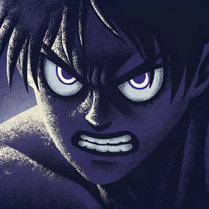 Eren Yeager from Attack on Titan, intense stare. Digital painting. Black and white