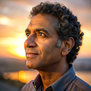 profile of Egyptian 49 years old, man light black skin, curly short hair, brown eyes,   in shirt sunset background