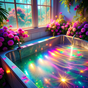 cool effect bathroom  tub with water flowers garden glitter Interaction Design light  pastel sunset   Photoshop Photo Manipulations    Dreamscape  very much glitter sparkly ultra intense crystal effect fantasized glam Sprinkle Shimmering Bioluminescent fairytale masterpiece  Magical   Shimmering   Ultra Holographic liquid Patent Spandex Vinyl iridescence UV Glow Rainbow