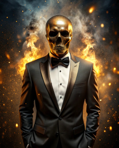 effect, photoshop action, realistic black gold skull with human body in tuxedo, fire, sparks, dust, explosion, smoke, sand, shadows, glow, glow, glare, light, slim, in style: serious, business, wise, quality xd, 