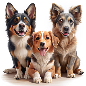   Golden Retriever bebe, um Border Colie, un Pastor Aleman y un Pastor Australiano juntos