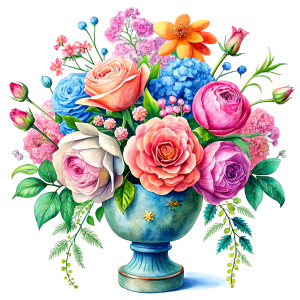 Watercolor image ,orange gypsophila rose pink daffodil ,pale roses pink Damarions,pink Ranunculus viburnum ,rose pink wax flower ,ruby pink dandelion ,calla , pink geranium,green Bougainvillea , a blue huge victorian  traditional decorated WITH FLOWERs Vase with green SNAKE ornaments ,on a white wall, watercolor