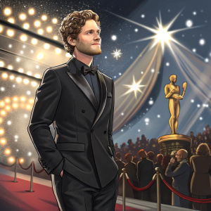 Kyle Soller, in a sleek black suit, at a glitzy awards ceremony. Glowing stage lights and audience visible in background.