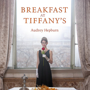 Elegant poster design for Breakfast at Tiffany's. Audrey Hepburn in black Givenchy dress, holding rose, against warm golden backdrop. Sophisticated table setting, film title and actress name at top.